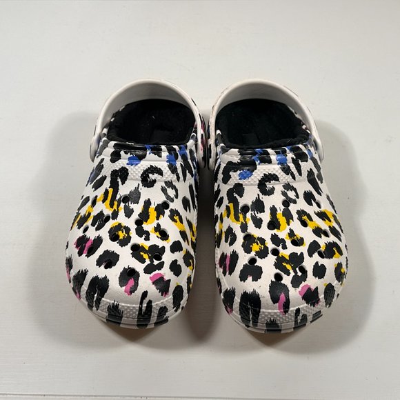 Crocs White Leopard Print Fuzzy Lined Clogs Women Size 7 - Picture 4 of 8